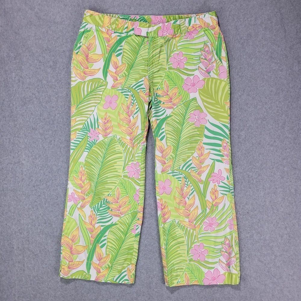 Lilly Pulitzer Wide Leg Floral Crop Pants 6 Green Tropical Print 100% Cotton